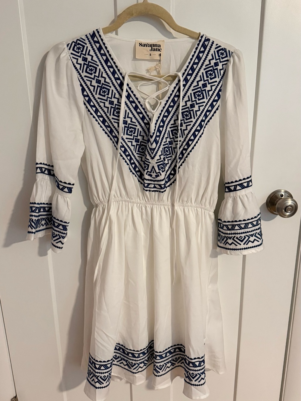 Savanna Jane White Boho Dress with Navy Embroidered V-Neck